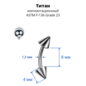 Интернал-микробанан 1,2 мм для пирсинга брови, губы, уха. Конусы. Титан. IBNECN16T