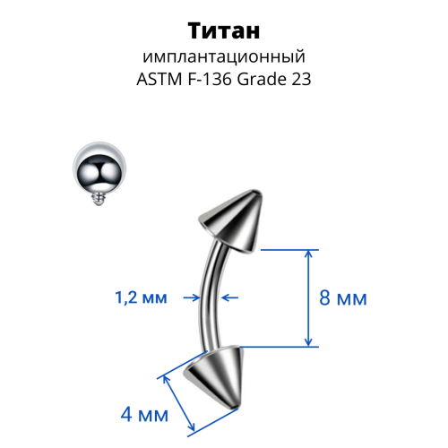Интернал-микробанан 1,2 мм для пирсинга брови, губы, уха. Конусы. Титан. IBNECN16T