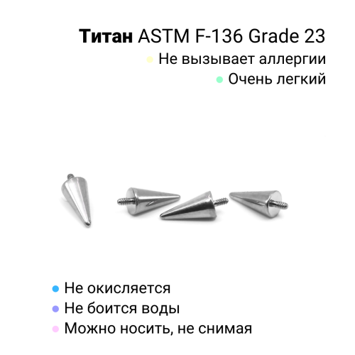 Интернал-конус 3 х 6 мм для украшений со стержнем 1,2 мм (резьба 0,9 мм). Титан. TBSI0936