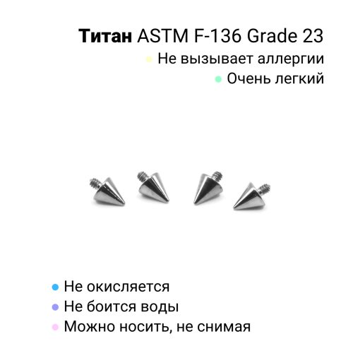 Интернал-конус 3 мм для микродермалов и пирсинга с стержнем 1,6 мм (резьба 1,2 мм). Титан. TBSI123
