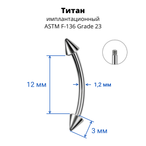 Микробанан 1,2 мм для пирсинга брови, губы, уха. Конус. Титан. BNECN16T