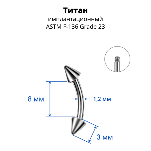 Микробанан 1,2 мм для пирсинга брови, губы, уха. Конус. Титан. BNECN16T