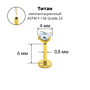 Лабрета 0,8 мм Push-in (без резьбы). Титан, циркон, золотое анодирование. ILT42-20