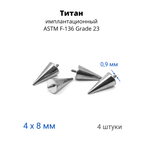 Интернал-конусы 4 х 8 мм (4 штуки) для украшений со стержнем 1,2 мм (резьба 0,9 мм). Титан. TBSI0948-4