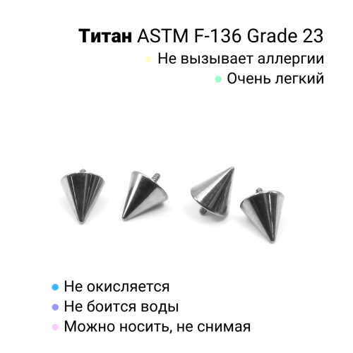 Интернал-конусы 5 мм (4 штуки) для украшений со стержнем 1,2 мм (резьба 0,9 мм). Титан. TBSI095-4
