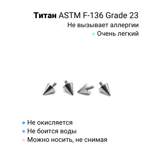 Интернал-конусы 3 мм (4 штуки) для украшений со стержнем 1,2 мм (резьба 0,9 мм). Титан. TBSI093-4