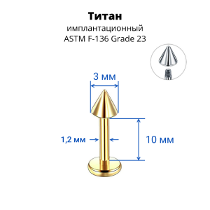 Лабрета 1,2 мм. Конус для пирсинга уха и губы. Титан, золотое анодирование. LBCNT16g