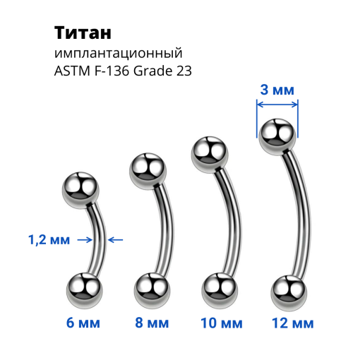 Интернал-микробанан 1,2 мм для пирсинга брови, губы, уха. Титан. IBNE16T