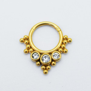 Кольцо сегментное 1,2 мм кликер для пирсинга септума с кристаллами, золотое титановое покрытие. HSEGJ1969
