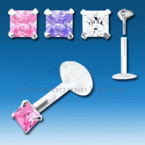Лабрета 1,2 мм Push-in (без резьбы). Bioflex. Вставка - квадратный циркон 2 мм. BILBQZ