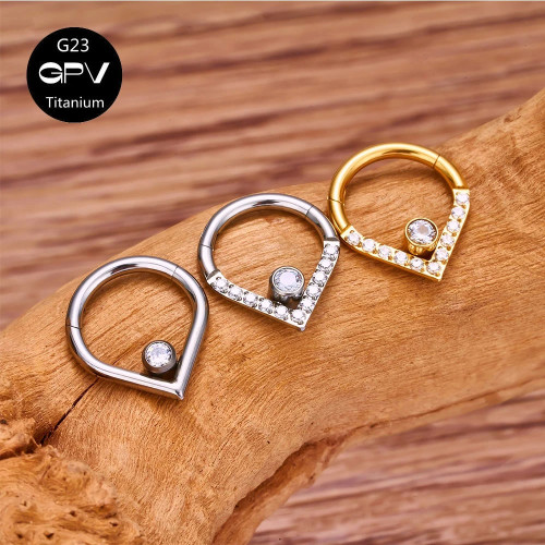 Кольцо-капля сегментное 1,2 мм кликер с кристаллом. Титан. HSEGTAJ009